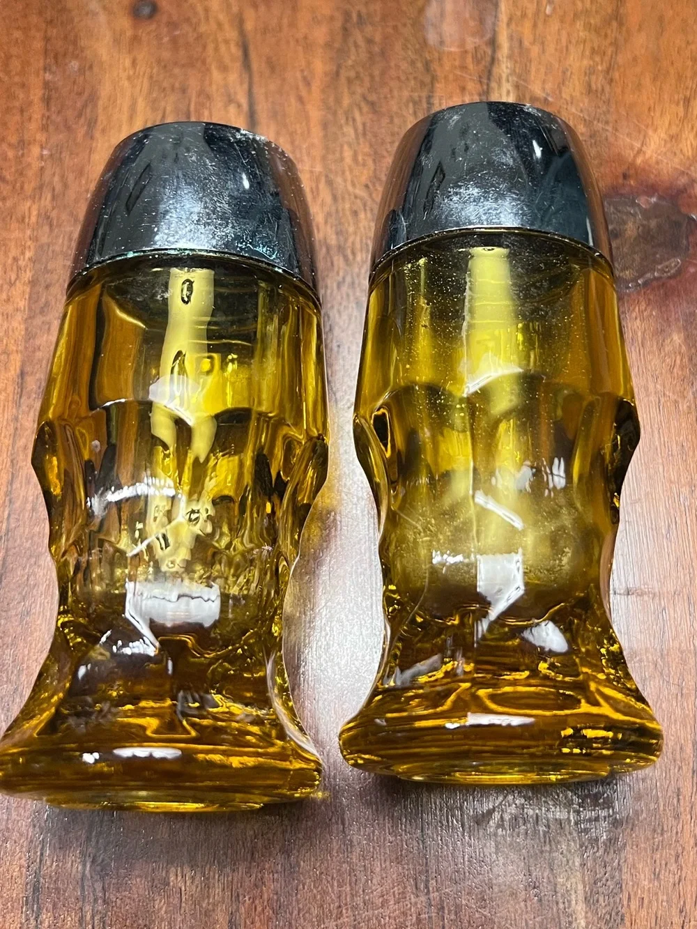 Vintage Amber Glass Salt & Pepper Shakers Silver Tone MCM